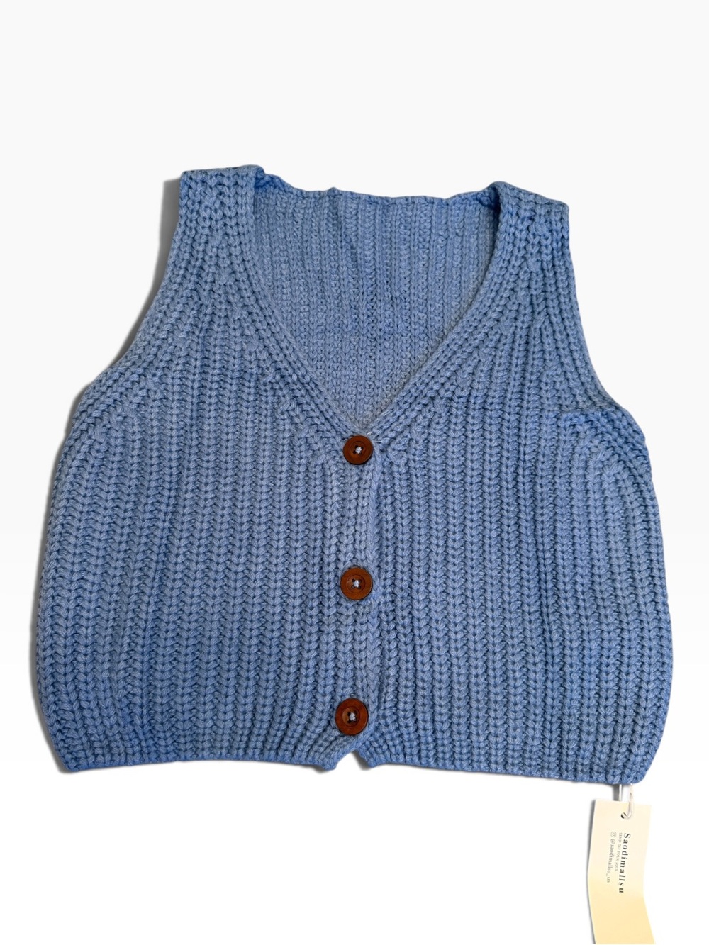 Blue Knit V-Neck Vest with Brown Buttons